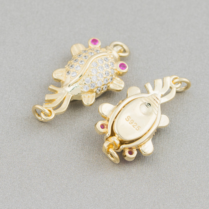 Verschluss aus 925er Silber mit Goldfisch-Zirkonen 13 x 20 mm, 3 Stk., goldene rote Augen