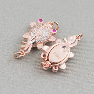 Chiusura Di Argento 925 Con Zirconi Pesce Rosso 13x20mm 2pz Oro Rosa Occhi Rossi