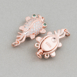 Cierre De Plata 925 Con Circonitas Goldfish 13x20mm 3pcs Oro Rosa Ojos Verdes