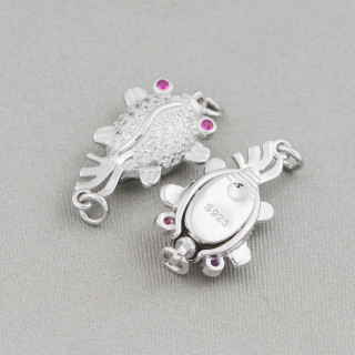 Fermoir Argent 925 Avec Zircons Poissons Rouges 13x20mm 3pcs Yeux Rouges Rhodium