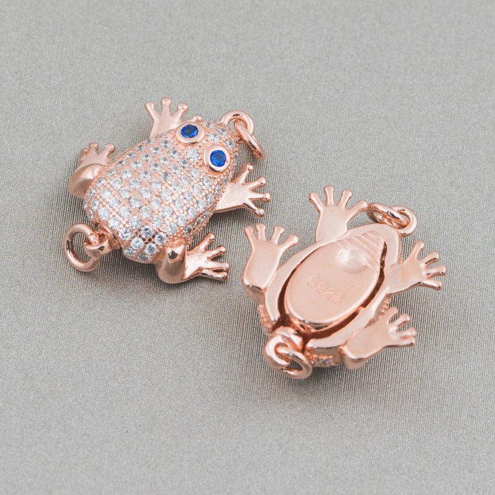 Fermoir Argent 925 Grenouille Zircons 16x19mm 3pcs Or Rose Avec Yeux Bleus