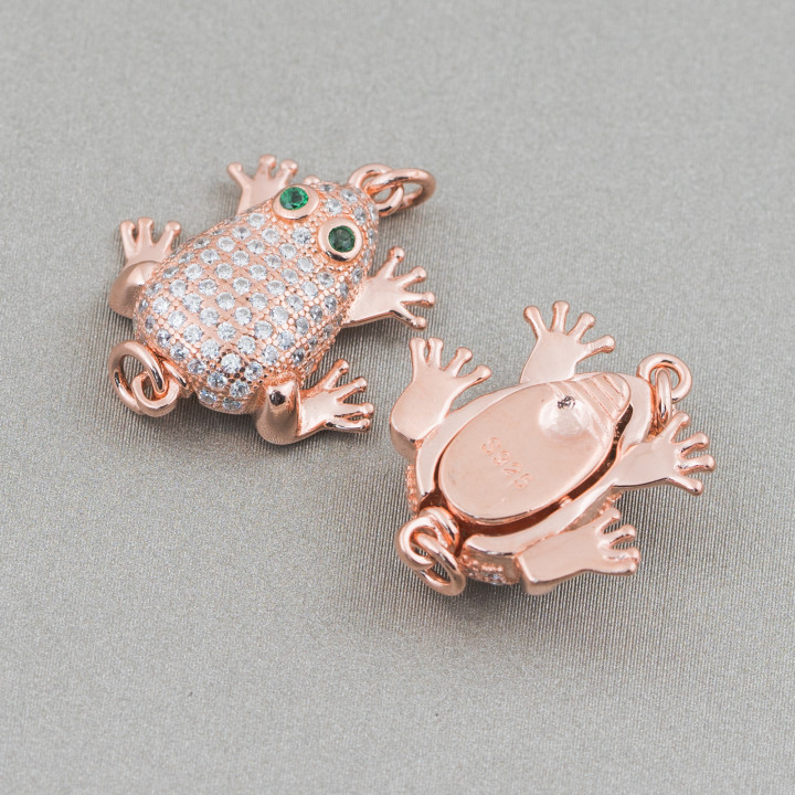 Fermoir Argent 925 Grenouille Zircons 16x19mm 3pcs Or Rose Avec Yeux Verts