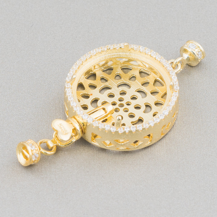 Chiusura Di Argento 925 Con Zirconi Tondo 20mm Per Castoni Da 16mm 2pz Dorato