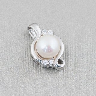Ciondolo Pendente Di Argento 925 Con Perle Di Fiume E Zirconi Incastonati 11x18mm 1pz Bianco