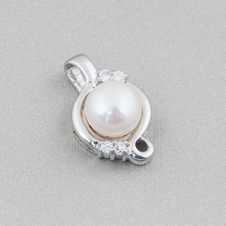 925 Silver Pendant With River Pearls And Zircons Set 11x18mm 1pc White