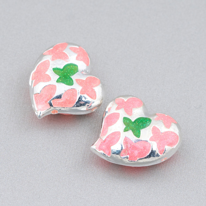 Verbindungselement Perlen Messing Emailliertes Herz 20mm 6St Silber Rosa Grün