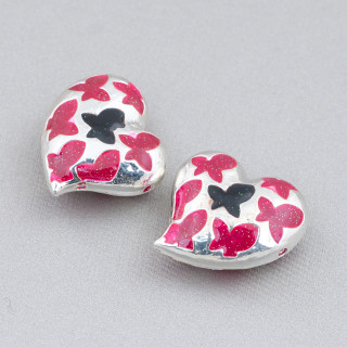 Conector Componente Abalorios Latón Esmaltado Corazón 20mm 6pcs Plata Rojo Y Negro
