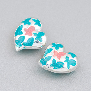 Conector Componente Abalorios Latón Esmaltado Corazón 20mm 6pcs Plata Turquesa Rosa