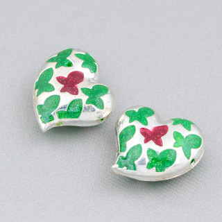 Connecteur Perles Composantes Laiton Emaillé Coeur 20mm 6pcs Argent Vert Et Rouge
