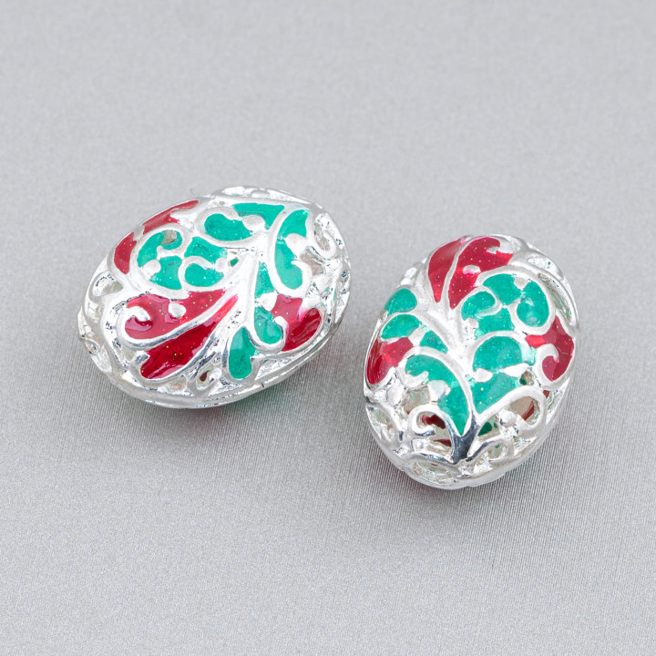 Connecteur Composant Laiton Emaillé Perles Ovale 15x20mm 6pcs Argent Vert Et Rouge