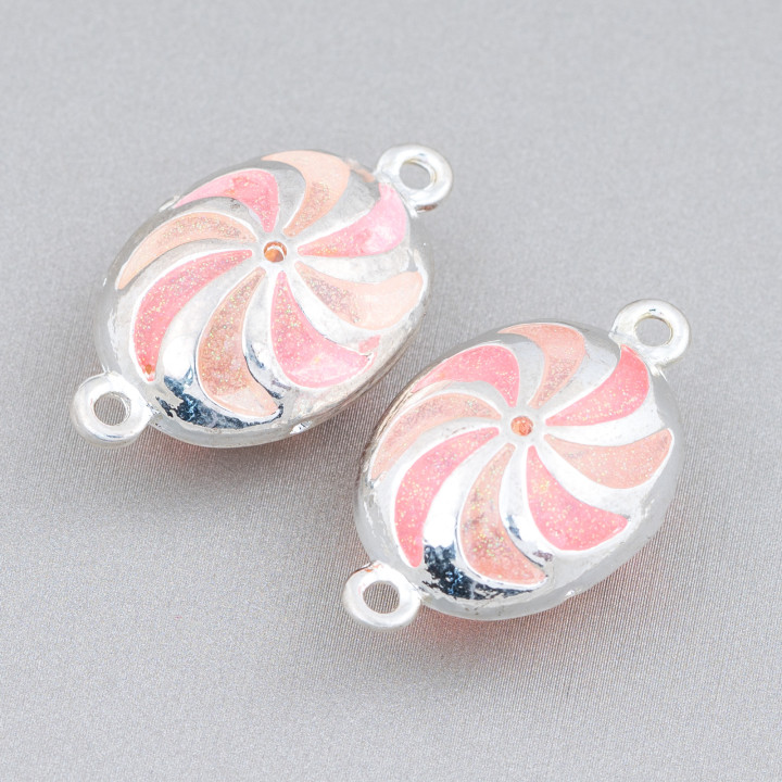 Oval Enamelled Brass Bead Connector Component with 2 Rings 18x30mm 6pcs Silver Plated Pink