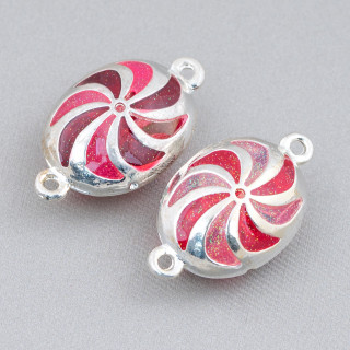Verbindungselement Emaillierte Messingperlen Oval Mit 2 Ringen 18x30mm 6St Silber Rot