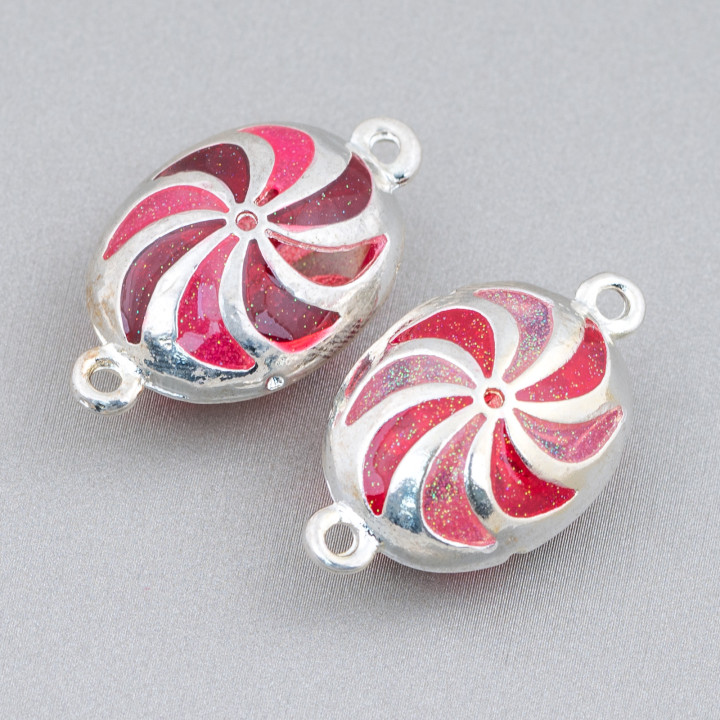 Oval Enamelled Brass Bead Connector Component with 2 Rings 18x30mm 6pcs Silver Red