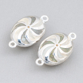 Verbindungselement, emaillierte Messingperlen, oval, mit 2 Ringen, 18 x 30 mm, 6 Stk., Grün, Silber