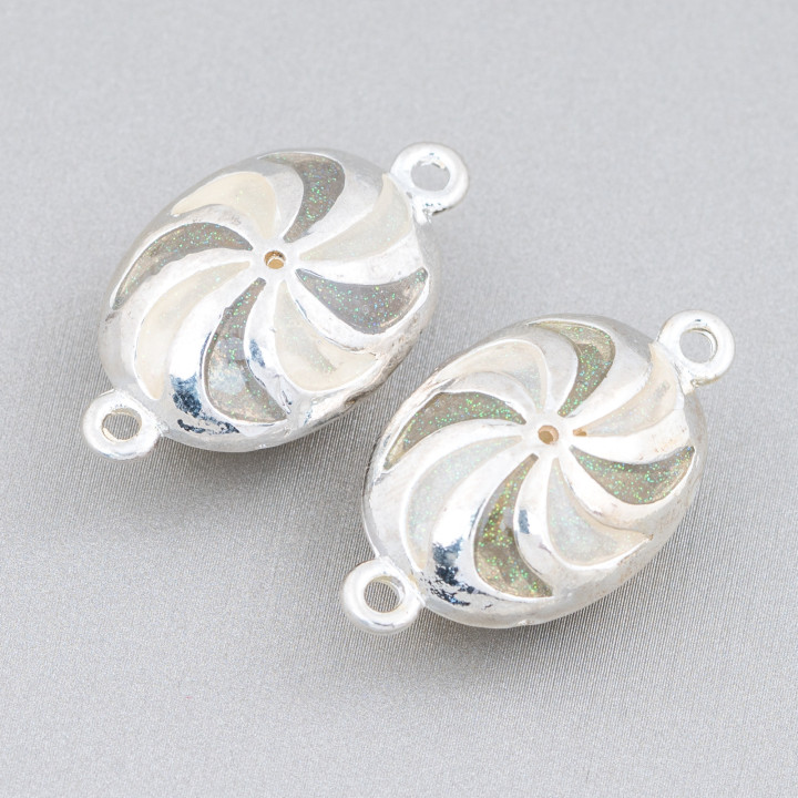 Componente Connettore Perline Di Ottone Smaltato Ovale Con 2 Anellini 18x30mm 6pz Argentato Verde