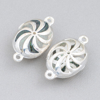 Componente Connettore Perline Di Ottone Smaltato Ovale Con 2 Anellini 18x30mm 6pz Argentato Verde Scuro