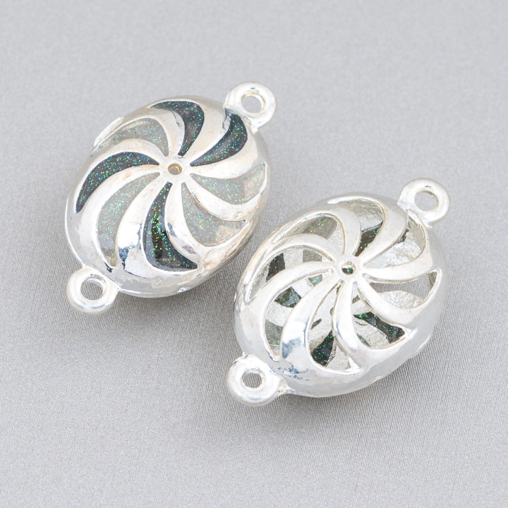 Conector Componente Latón Esmalte Perlas Ovaladas Con 2 Anillos 18x30mm 6pcs Plata Verde Oscuro