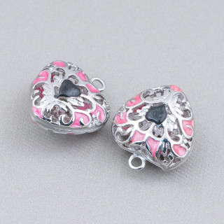 Connector Component Enamelled Brass Beads Heart Pendant 18x21mm 6pcs Rhodium Plated Pink Black