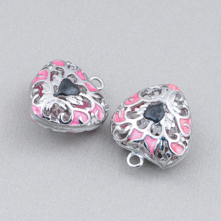 Connector Component Enamelled Brass Beads Heart Pendant 18x21mm 6pcs Rhodium Plated Pink Black