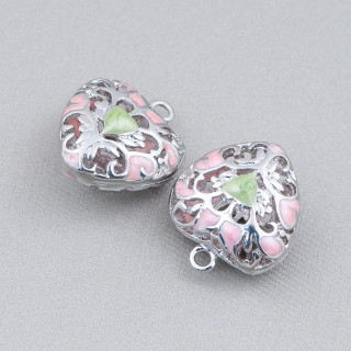 Connecteur Composant Laiton émaillé Perles Pendentif Coeur 18x21mm 6pcs Rhodium Rose Vert