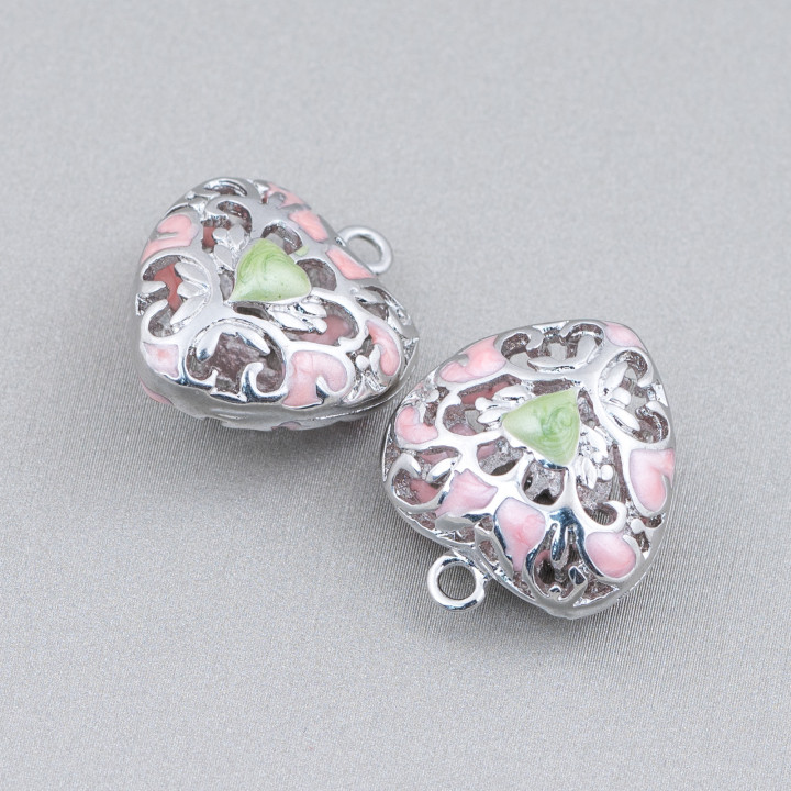Connecteur Composant Laiton émaillé Perles Pendentif Coeur 18x21mm 6pcs Rhodium Rose Vert