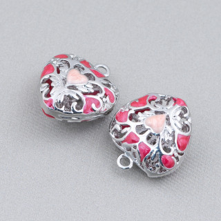 Connector Component Enamelled Brass Beads Heart Pendant 18x21mm 6pcs Rhodium Plated Red Orange
