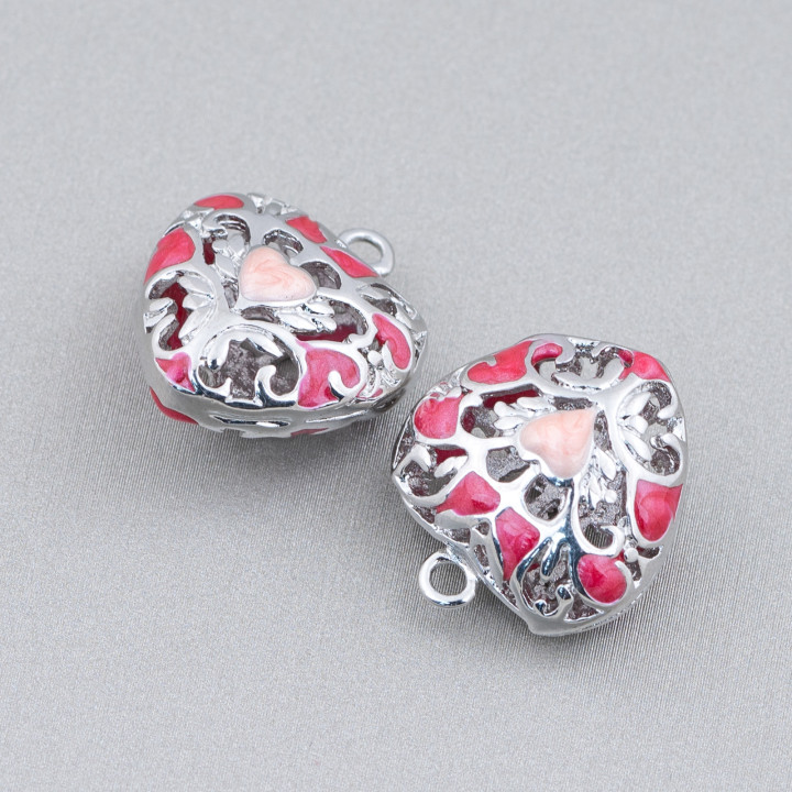 Connector Component Enamelled Brass Beads Heart Pendant 18x21mm 6pcs Rhodium Plated Red Orange