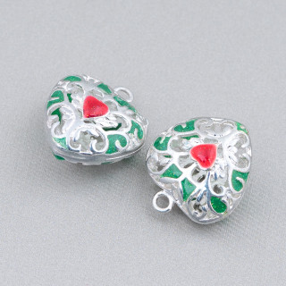 Connecteur Composant Laiton émaillé Perles Pendentif Coeur 18x21mm 6pcs Rhodium Vert Rouge