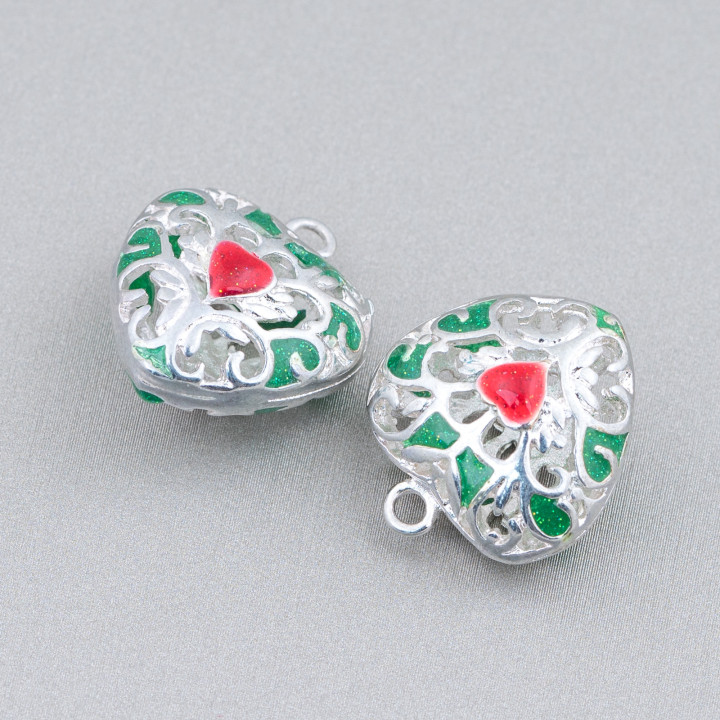 Connector Component Enamelled Brass Beads Heart Pendant 18x21mm 6pcs Rhodium Plated Green Red