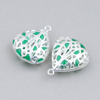 Componente Connettore Perline Di Ottone Smaltato Pendente Gocce 19x23mm 6pz Argentato Verde
