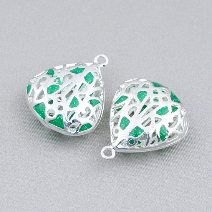 Connector Component Enamelled Brass Beads Pendant Drops 19x23mm 6pcs Silver-Plated Green