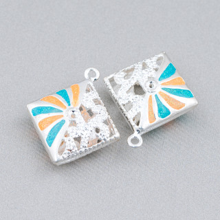 Connector Component Enamelled Brass Beads Rhombus Pendant 22x25mm 6pcs Silver Turquoise Yellow