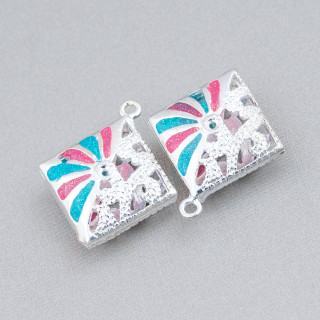 Connecteur Composant Laiton émaillé Perles Pendentif Losange 22x25mm 6pcs Argent Turquoise Rouge