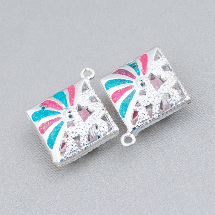 Connecteur Composant Laiton émaillé Perles Pendentif Losange 22x25mm 6pcs Argent Turquoise Rouge