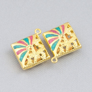 Connector Component Enamelled Brass Beads Rhombus Pendant 22x25mm 6pcs Golden Turquoise Pink