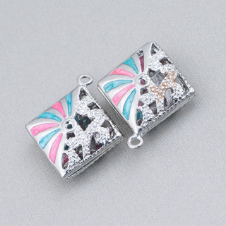 Connector Component Enamelled Brass Beads Rhombus Pendant 22x25mm 6pcs Rhodium Plated Turquoise Pink