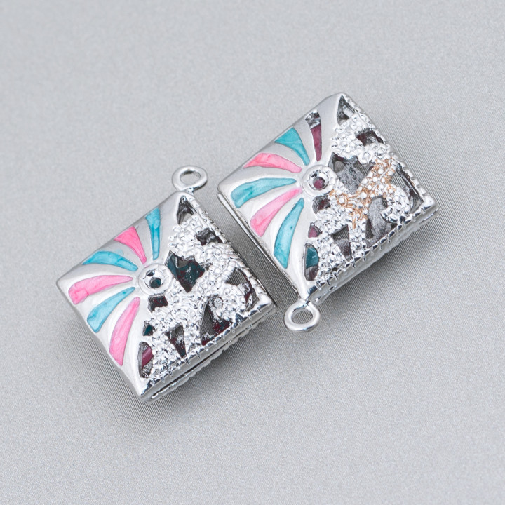 Connector Component Enamelled Brass Beads Rhombus Pendant 22x25mm 6pcs Rhodium Plated Turquoise Pink