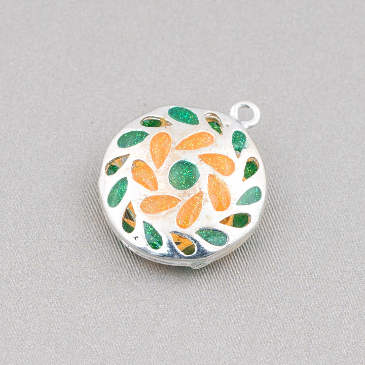 Connector Component Enamelled Brass Beads Flat Round Pendant 20mm 6pcs Silver Green Orange