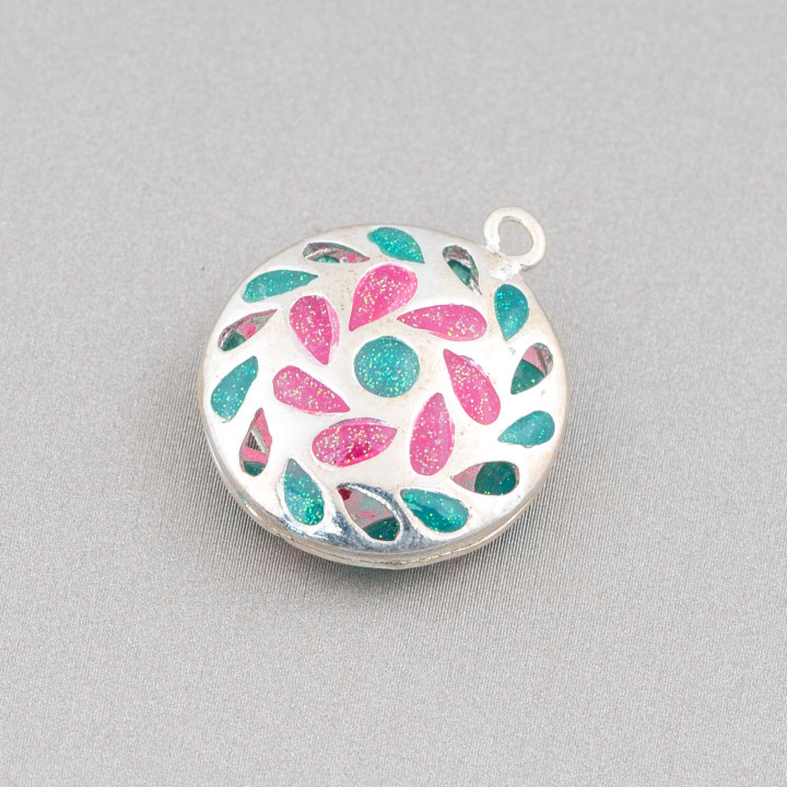Connector Component Enamelled Brass Beads Flat Round Pendant 20mm 6pcs Silvery Green Fuchsia