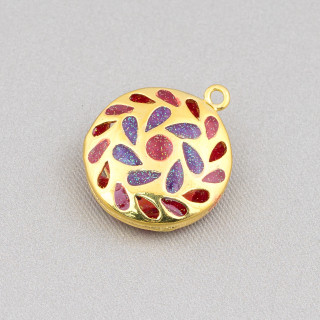 Connector Component Enamelled Brass Beads Flat Round Pendant 20mm 6pcs Golden Red Purple