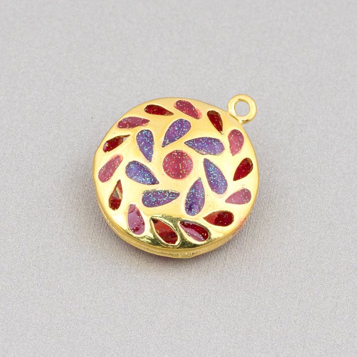 Connector Component Enamelled Brass Beads Flat Round Pendant 20mm 6pcs Golden Red Purple