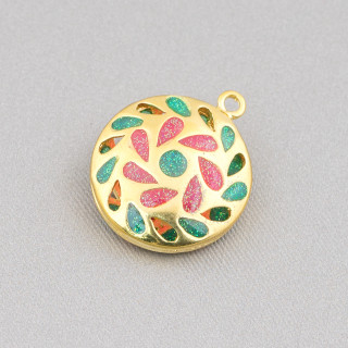 Connecteur Composant Laiton Emaillé Perles Pendentif Rond Plat 20mm 6pcs Doré Vert Fuchsia