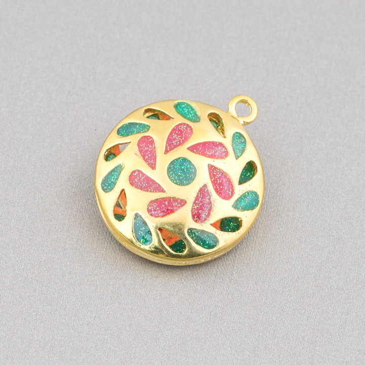 Verbindungskomponente Messing emaillierte Perlen Flacher runder Anhänger 20 mm 6 Stk. Golden Green Fuchsia