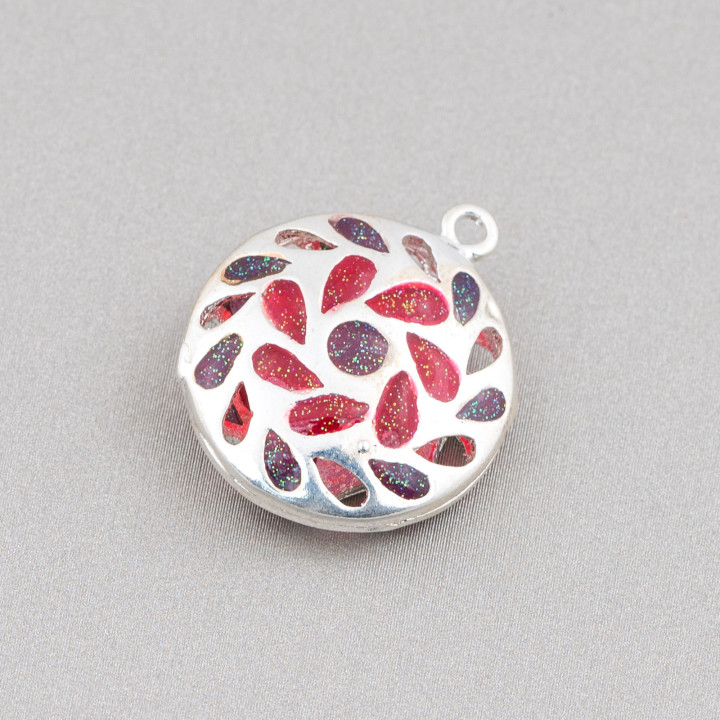 Connector Component Enamelled Brass Beads Flat Round Pendant 20mm 6pcs Rhodium Plated Red Purple