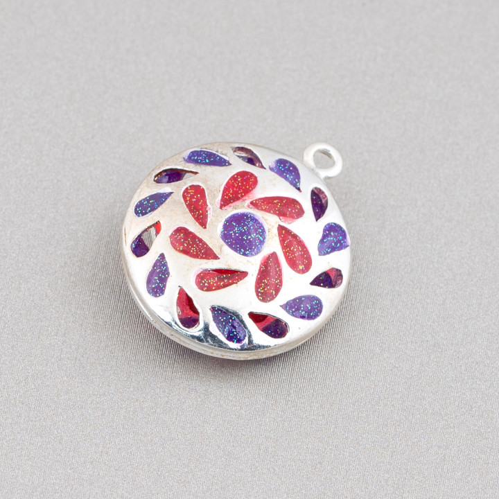 Connector Component Enamelled Brass Beads Flat Round Pendant 20mm 6pcs Rhodium Plated Red Purple 2