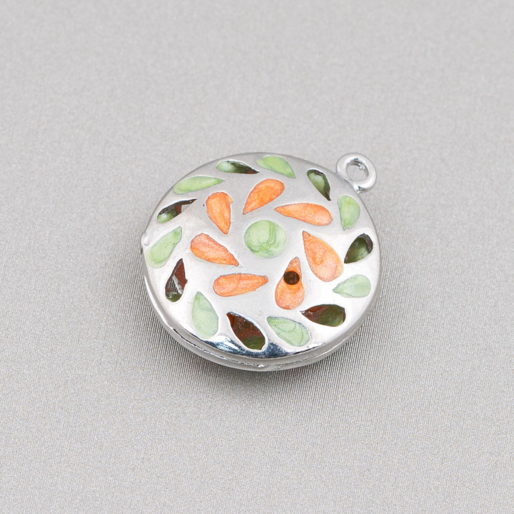 Connector Component Enamelled Brass Beads Flat Round Pendant 20mm 6pcs Rhodium Plated Green Orange