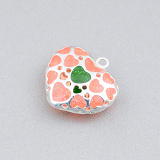 Componente conector Cuentas de latón Cuentas de corazón esmaltadas 24 mm 6 piezas Plata rosa y verde