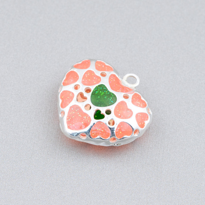 Componente conector Cuentas de latón Cuentas de corazón esmaltadas 24 mm 6 piezas Plata rosa y verde