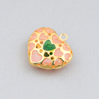 Verbindungskomponente Messingperlen Emaillierte Herzperlen 24mm 6St Golden Pink Green