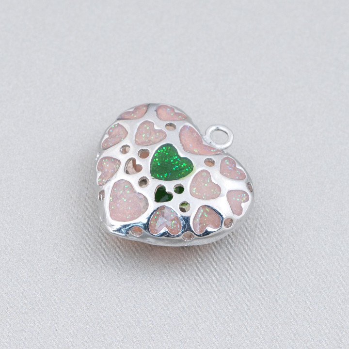 Connector Component Brass Beads Enamelled Heart Beads 24mm 6pcs Rhodium Plated Powder Green
